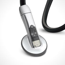 Close-up of the chestpiece and controls of a 3M Littmann Electronic Stethoscope Model 3200.