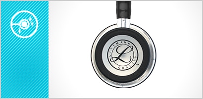 Paediatric side of a 3M Littmann Classic III Stethoscope chestpiece plus a sparkling clean chestpiece icon in white on a cyan background.

